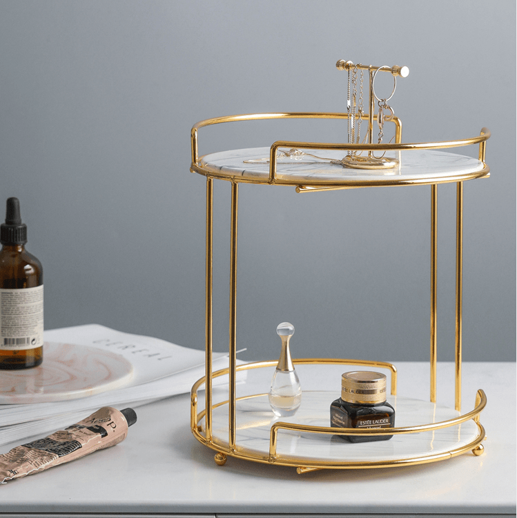 Gold Plated Iron Double-Layer Dressing Table Cosmetics Storage Marble Tray