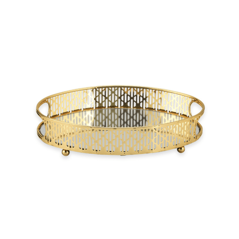Light Luxury Hotel Home Fruit Mirror Tray, Oval Gold Metal Tray