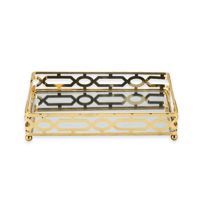 Iron Glass Rectangular Metal Tray, Living Room Decorative Gold Mirror Tray