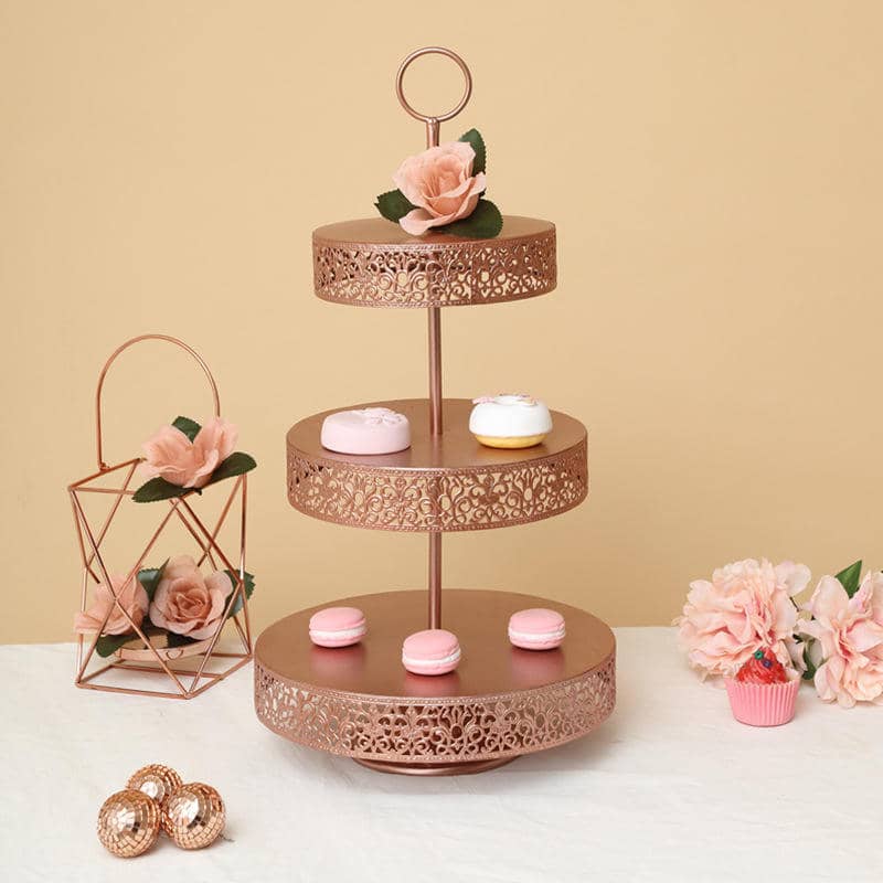 3 Tier Luxury Metal Rose Gold Cake Display Stands for Wedding Cakes