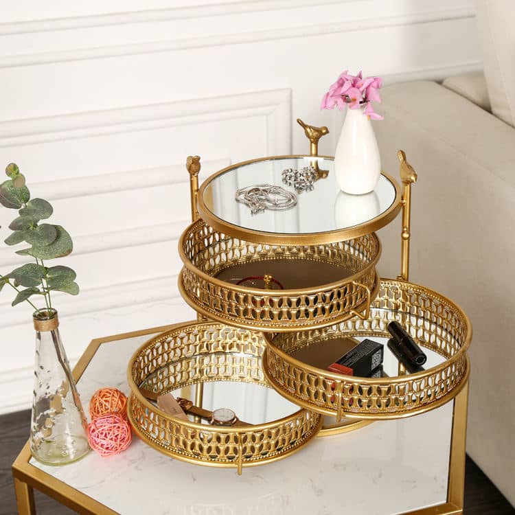 Home Decor 4 Tiers Metal Gold Rotating Mirror Tray for Cosmetic Storage