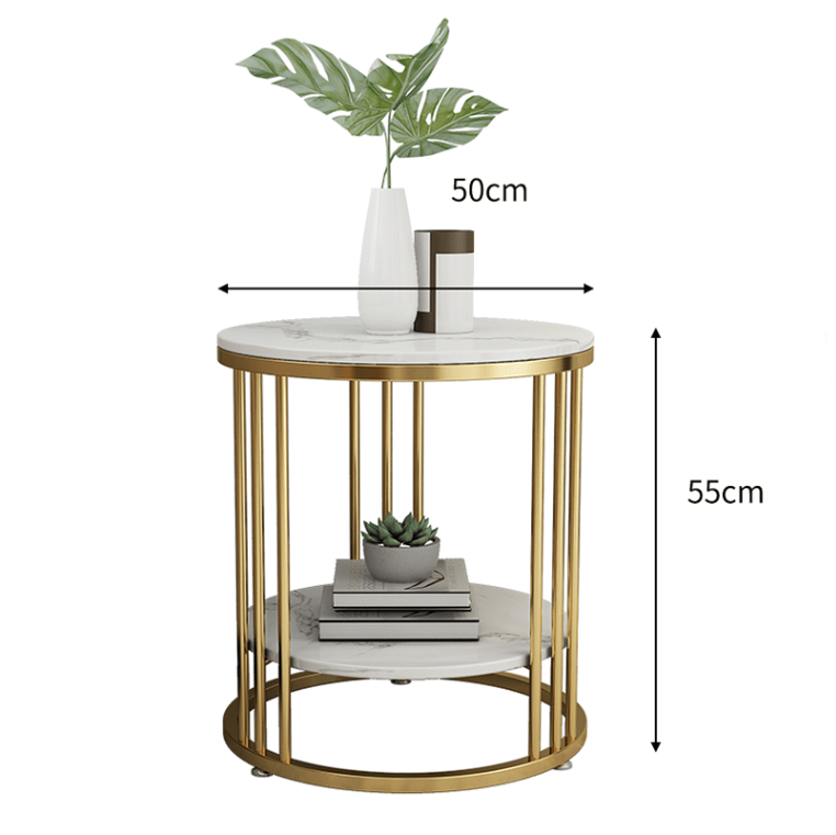 Iron Art Gold Two Tier Storage Round Marble Coffee Table for Living Room