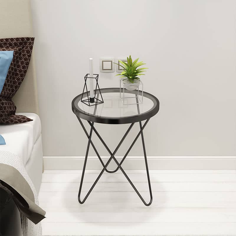 Living Room Sofa Furniture Metal Frame Round Glass Coffee Table, Side Table