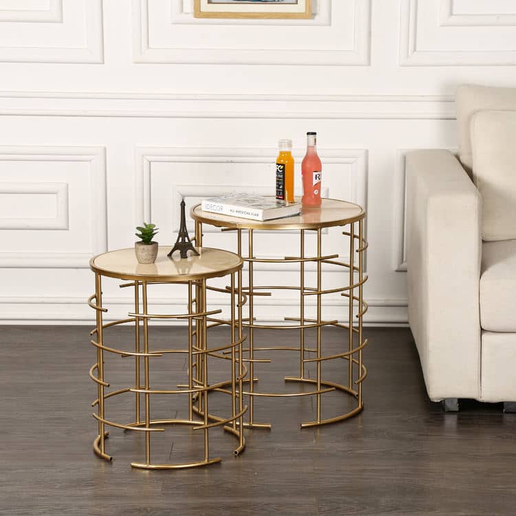 Set of 2 Golden Frame Circular and Marble Top Coffee Tables for Living Room