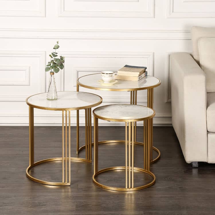 C-Shaped Nordic Style Modern Marble Round Coffee Table set with Metal Base