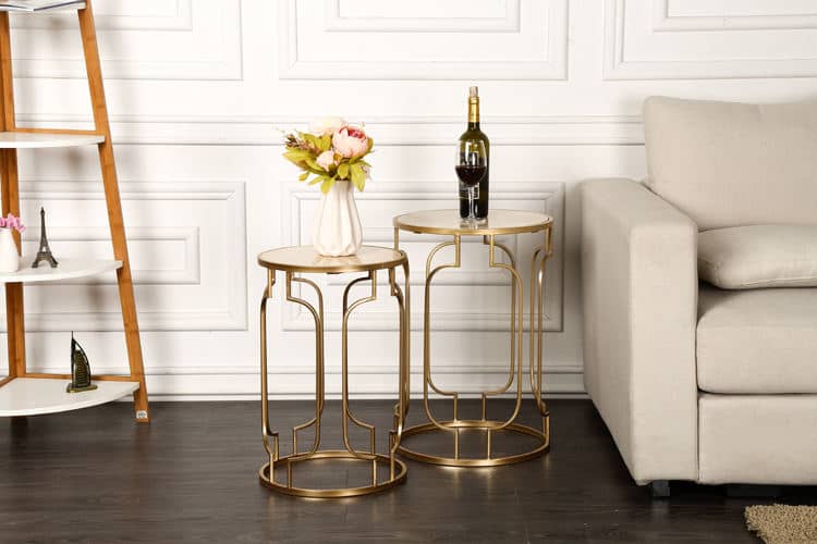 Set of 2 Golden Frame Circular and Marble Top Living Room Round Coffee Tables