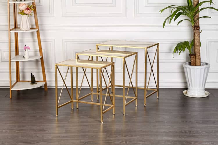 Living Room Rectangle Metal Base Gold Side Coffee Tables with Marble Top