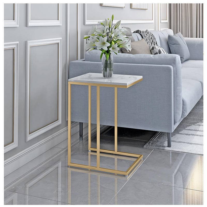 C-Shaped Marble Top Metal Base Bedroom Side Table, Living Room End Table