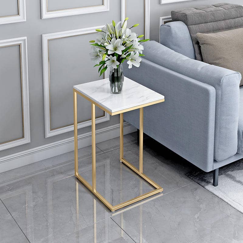 C-Shaped Marble Top Metal Base Bedroom Side Table, Living Room End Table