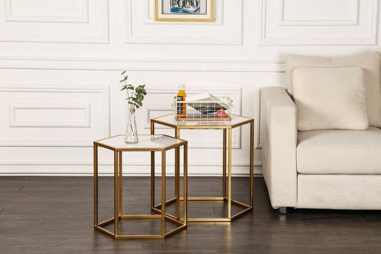 Modern Luxury Hexagon Metal Side Tables with Marble Top for Living Room