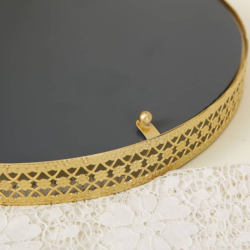 Gold Round Display Decorative Vanity Mirror Tray, Metal Mirrored Jewelry Tray