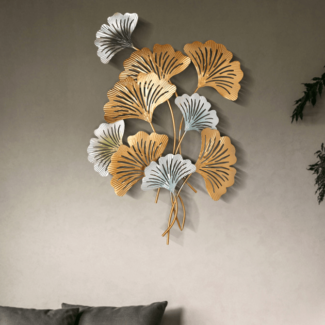 3D Golden Ginkgo Leaf Design Metal Wall Art Hanging Decorations for Home