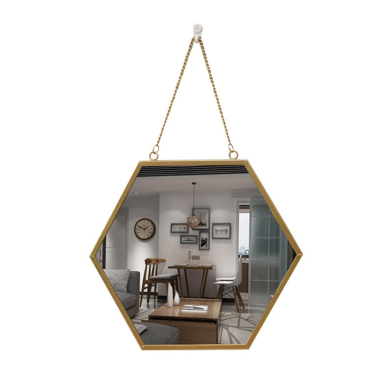 Simple Design Golden Metal Frame Hexagon Decorative Wall Hanging Mirror