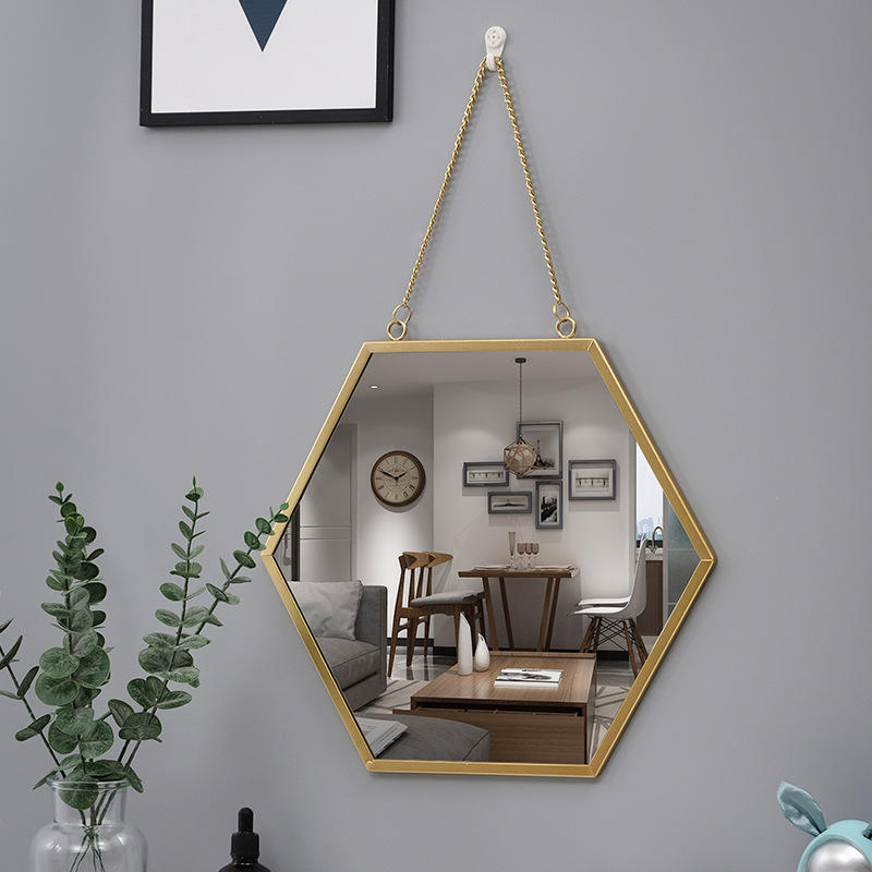 Simple Design Golden Metal Frame Hexagon Decorative Wall Hanging Mirror