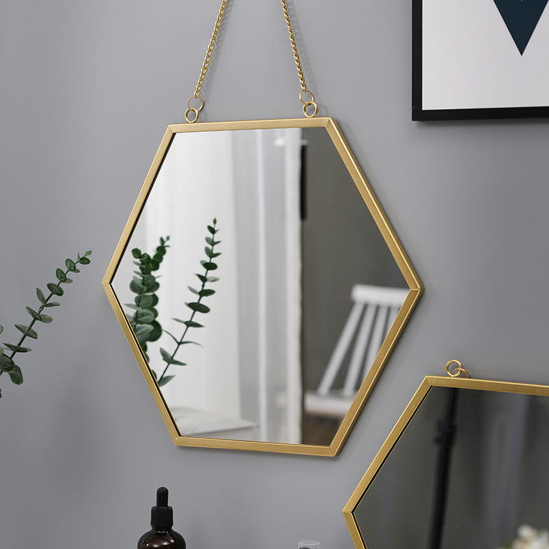Simple Design Golden Metal Frame Hexagon Decorative Wall Hanging Mirror